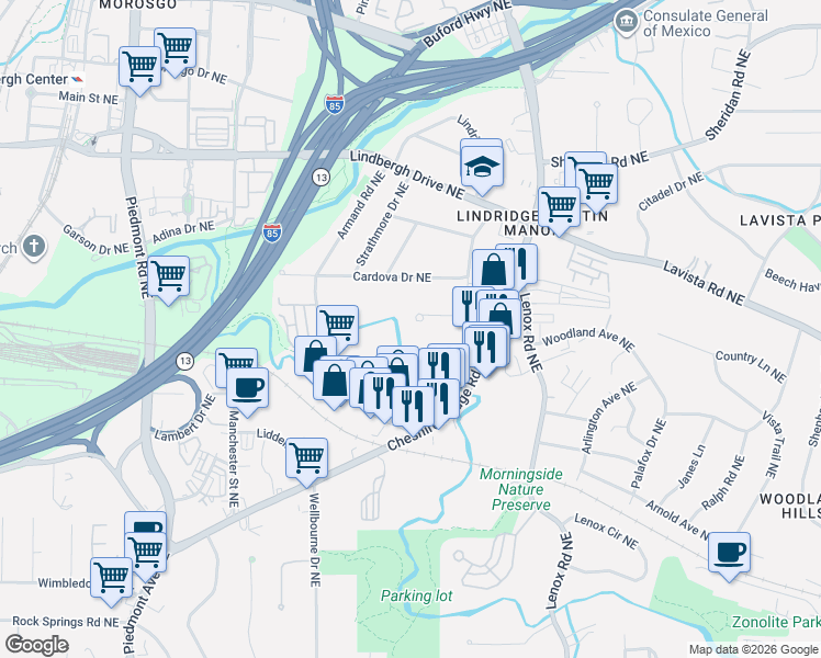 map of restaurants, bars, coffee shops, grocery stores, and more near 2144 Melante Drive Northeast in Atlanta