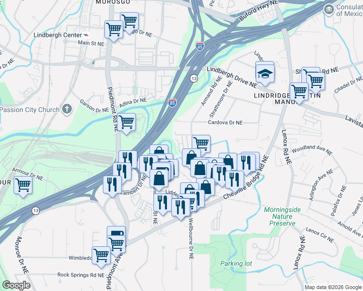map of restaurants, bars, coffee shops, grocery stores, and more near 2003 Cedar Chase Lane Northeast in Atlanta