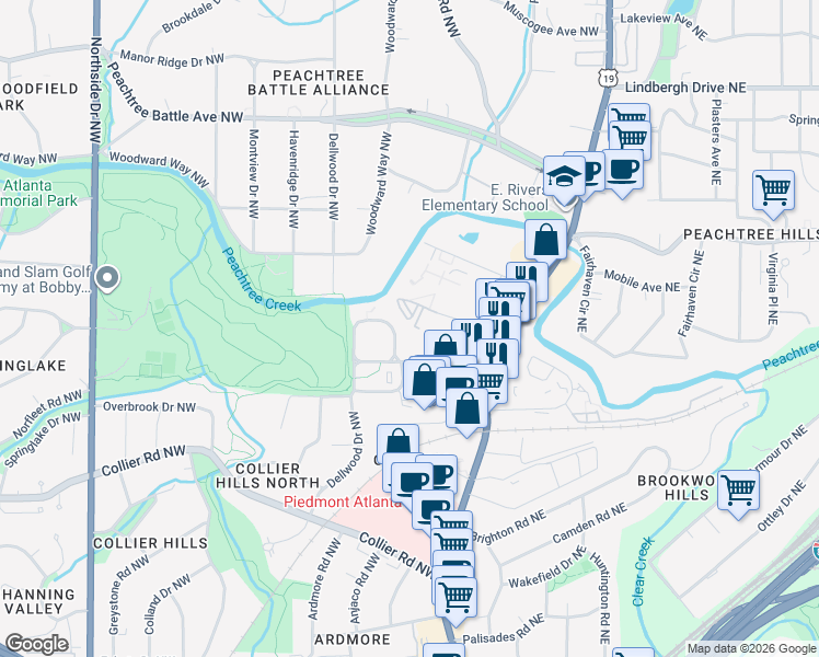 map of restaurants, bars, coffee shops, grocery stores, and more near 100 Biscayne Drive Northwest in Atlanta