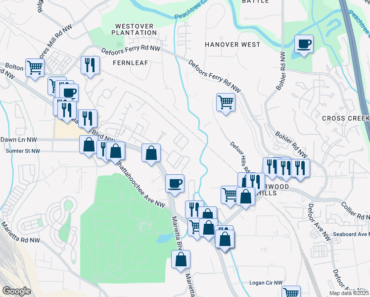 map of restaurants, bars, coffee shops, grocery stores, and more near 1761 Liberty Parkway Northwest in Atlanta