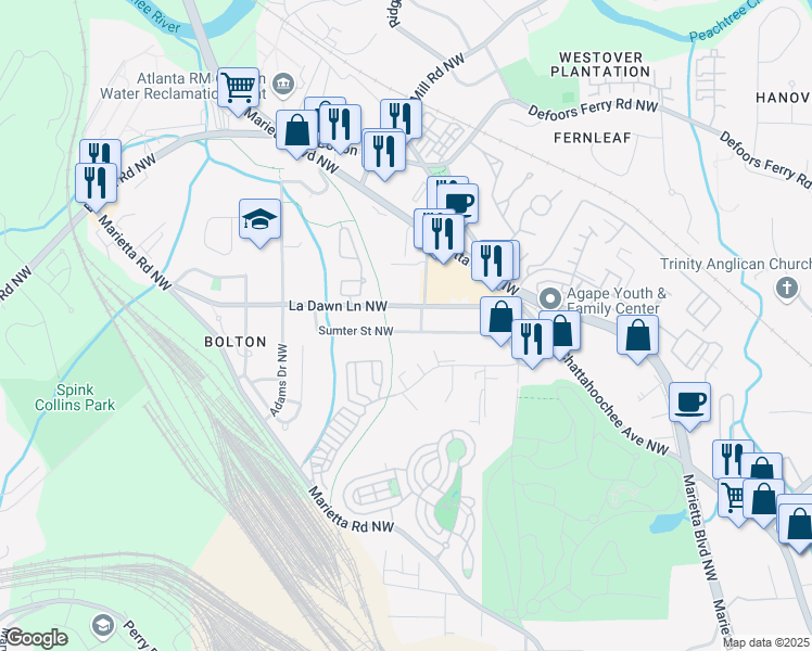 map of restaurants, bars, coffee shops, grocery stores, and more near 1880 Sumter Street Northwest in Atlanta