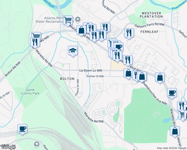 map of restaurants, bars, coffee shops, grocery stores, and more near 1948 Sumter Street Northwest in Atlanta