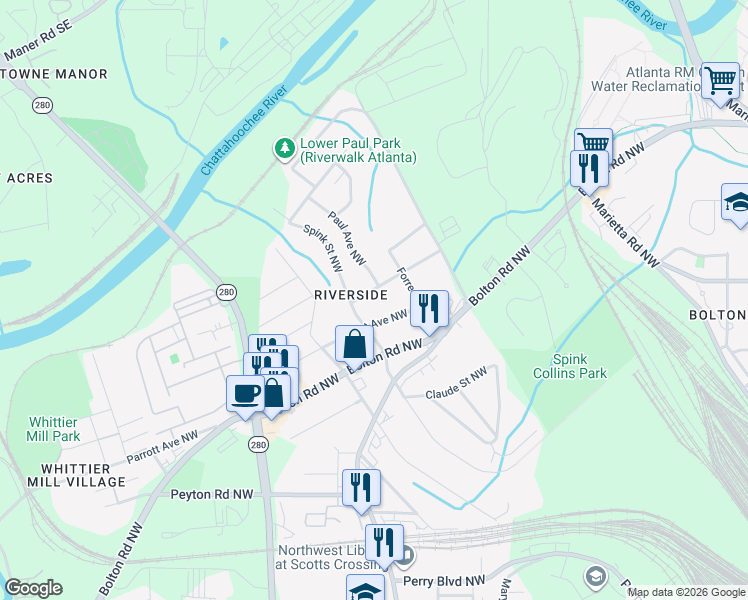map of restaurants, bars, coffee shops, grocery stores, and more near 2540 Edwards Drive Northwest in Atlanta