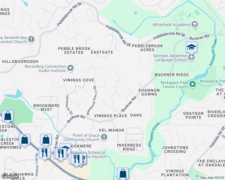 map of restaurants, bars, coffee shops, grocery stores, and more near 1151 Vinings Place Way Southeast in Mableton