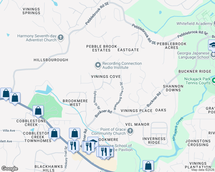 map of restaurants, bars, coffee shops, grocery stores, and more near 5483 Trumpet Vine Trail Southeast in Mableton
