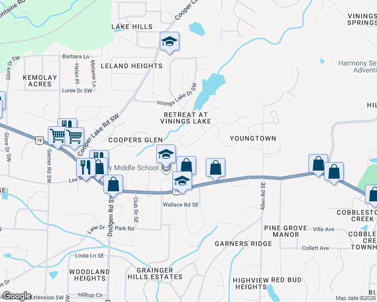 map of restaurants, bars, coffee shops, grocery stores, and more near 5779 Vinings Retreat Way Southwest in Mableton