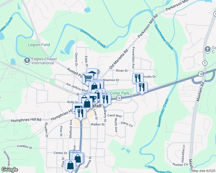 map of restaurants, bars, coffee shops, grocery stores, and more near 5750 Mulberry Street in Austell