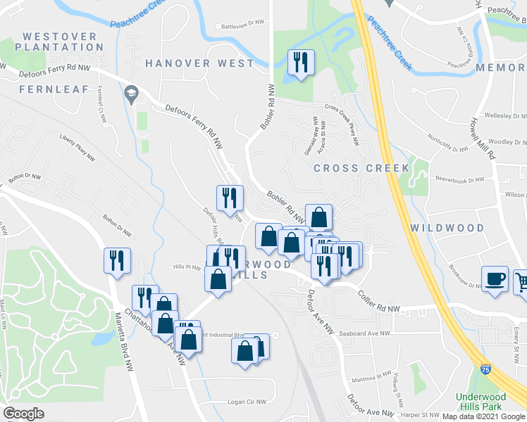 map of restaurants, bars, coffee shops, grocery stores, and more near 2200 Bohler Road Northwest in Atlanta