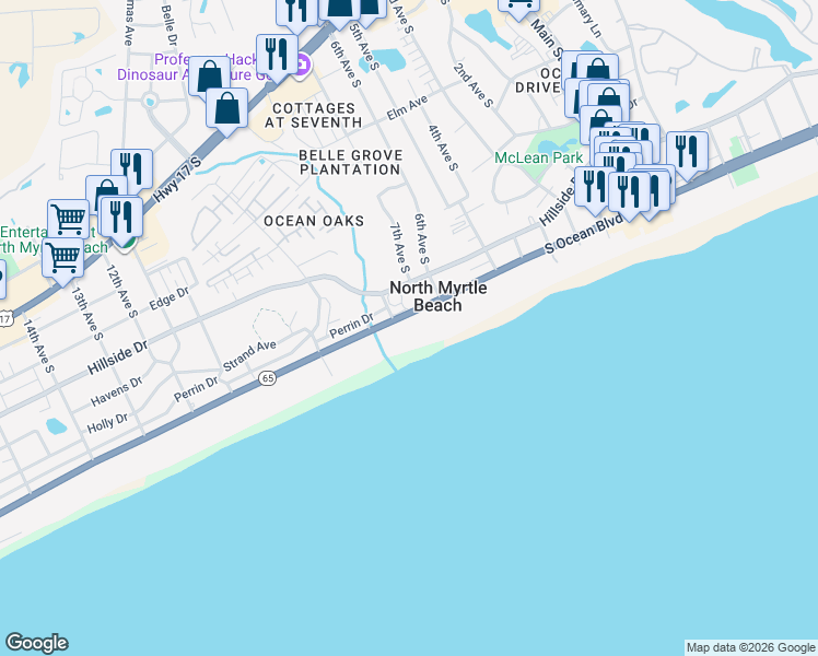 map of restaurants, bars, coffee shops, grocery stores, and more near 613 South Ocean Boulevard in North Myrtle Beach
