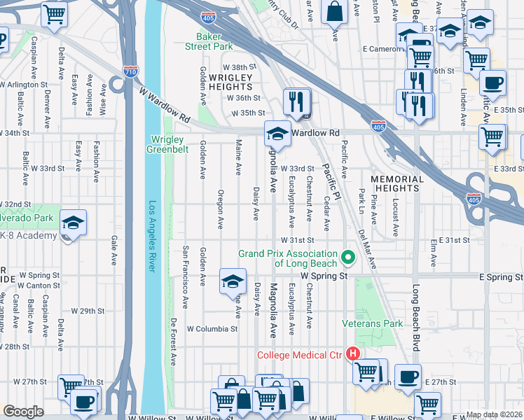 map of restaurants, bars, coffee shops, grocery stores, and more near 3184 Daisy Avenue in Long Beach