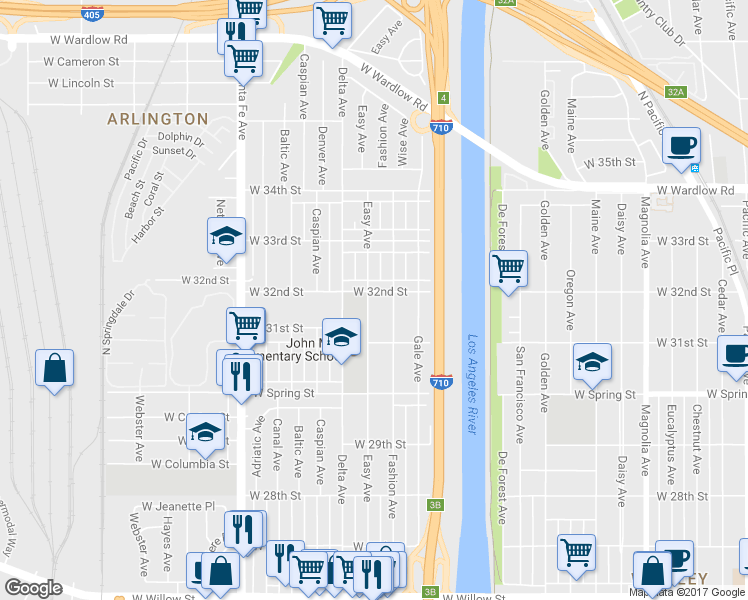 map of restaurants, bars, coffee shops, grocery stores, and more near 3180 Easy Avenue in Long Beach