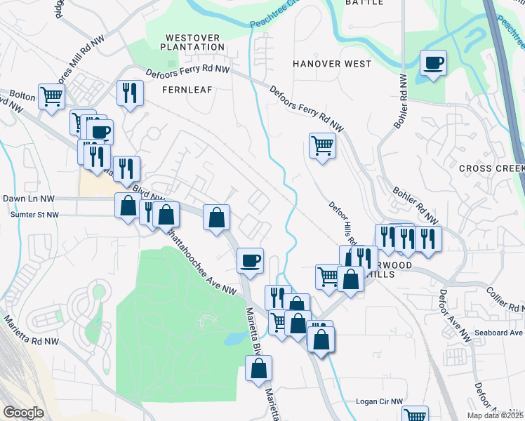 map of restaurants, bars, coffee shops, grocery stores, and more near 1732 Liberty Parkway Northwest in Atlanta