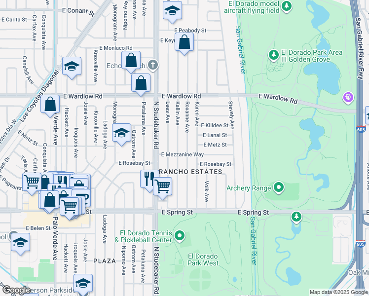 map of restaurants, bars, coffee shops, grocery stores, and more near 7014 East Mezzanine Way in Long Beach