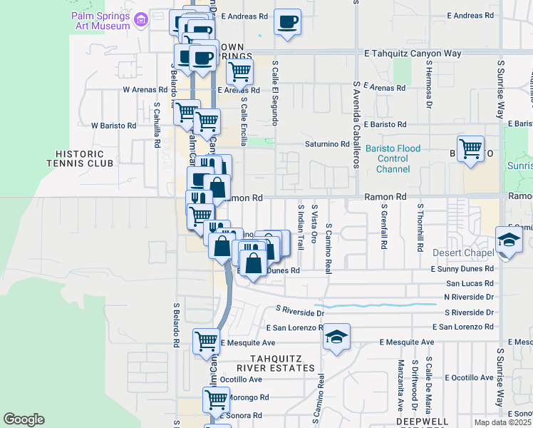 map of restaurants, bars, coffee shops, grocery stores, and more near 545 Calle Abronia South in Palm Springs