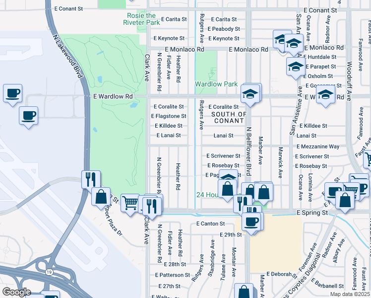 map of restaurants, bars, coffee shops, grocery stores, and more near 3150 Heather Road in Long Beach