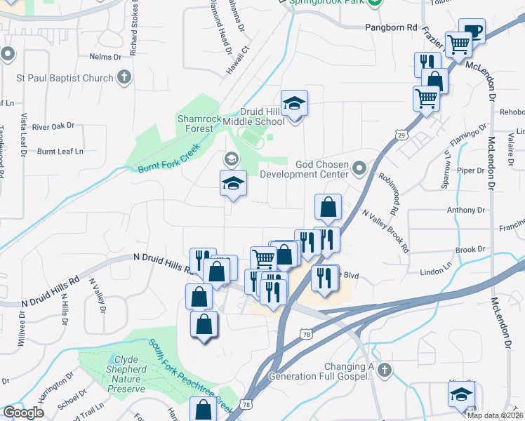 map of restaurants, bars, coffee shops, grocery stores, and more near 2812 Laurel Ridge Drive in Decatur