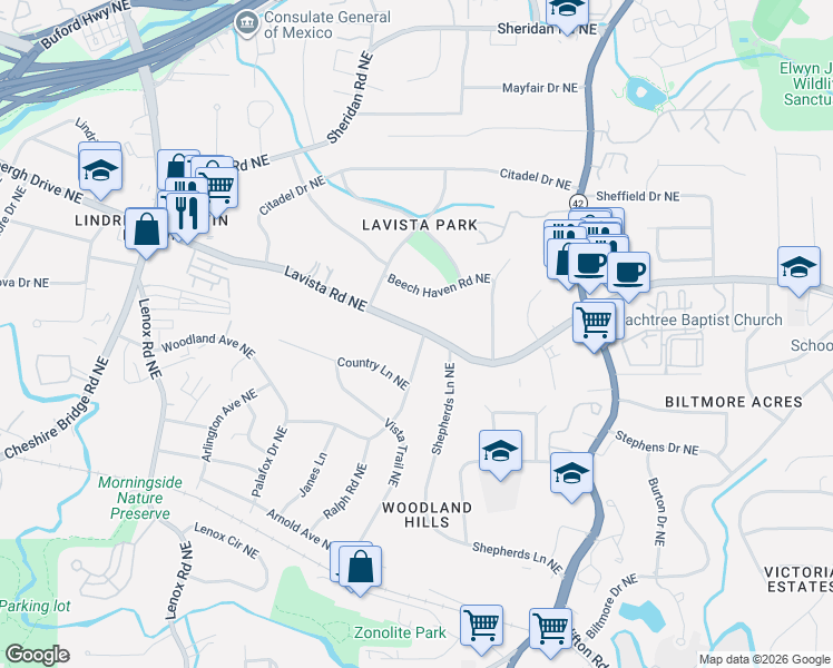 map of restaurants, bars, coffee shops, grocery stores, and more near 1444 Woodland Hills Drive Northeast in Atlanta