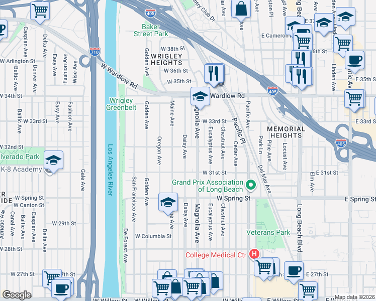 map of restaurants, bars, coffee shops, grocery stores, and more near 3184 Daisy Avenue in Long Beach