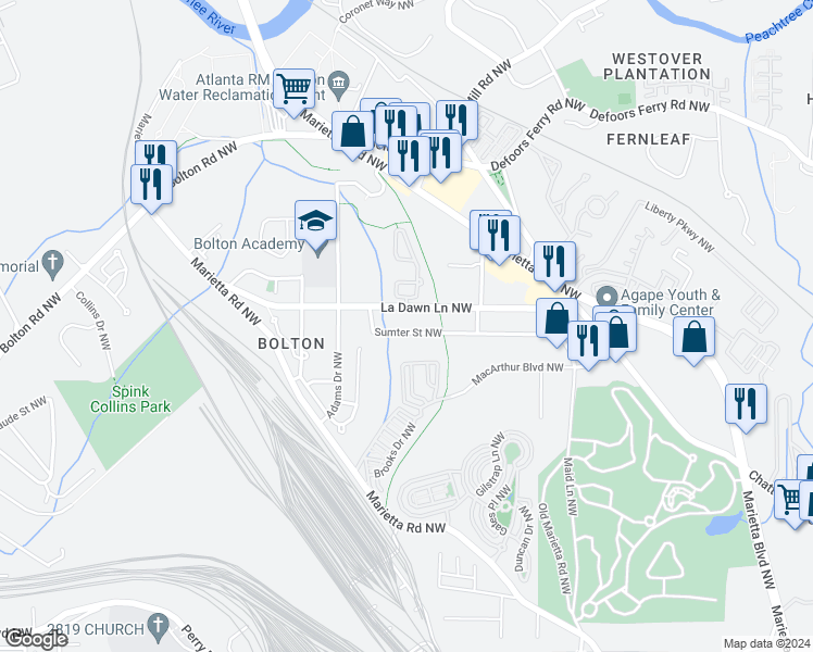 map of restaurants, bars, coffee shops, grocery stores, and more near 1967 Sumter Street Northwest in Atlanta