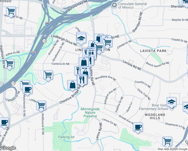 map of restaurants, bars, coffee shops, grocery stores, and more near 2175 Lenox Road Northeast in Atlanta