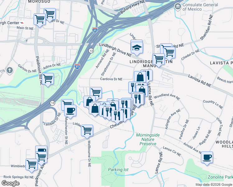 map of restaurants, bars, coffee shops, grocery stores, and more near 2144 Melante Drive Northeast in Atlanta