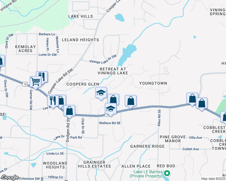 map of restaurants, bars, coffee shops, grocery stores, and more near 5781 Vinings Retreat Way Southwest in Mableton
