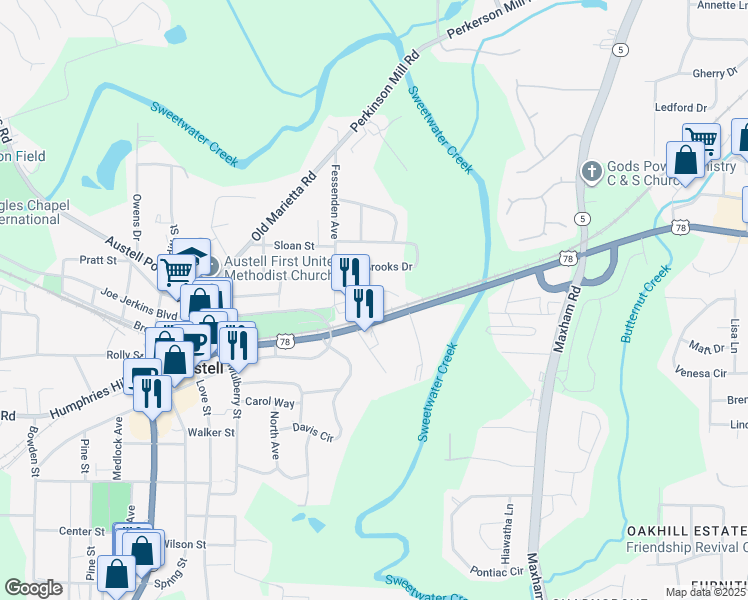 map of restaurants, bars, coffee shops, grocery stores, and more near 3460 Veterans Memorial Highway Southwest in Austell
