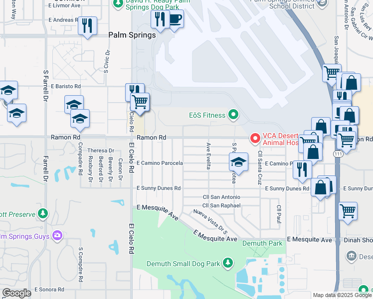map of restaurants, bars, coffee shops, grocery stores, and more near 563 El Placer Road in Palm Springs
