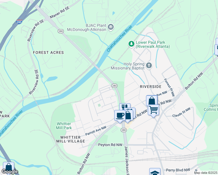 map of restaurants, bars, coffee shops, grocery stores, and more near 2187 Colvin Court Northwest in Atlanta