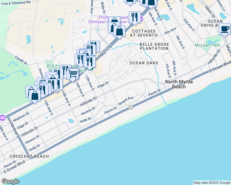 map of restaurants, bars, coffee shops, grocery stores, and more near 500 10th Avenue South in North Myrtle Beach
