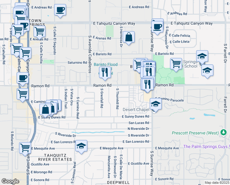 map of restaurants, bars, coffee shops, grocery stores, and more near 555 South Thornhill Road in Palm Springs