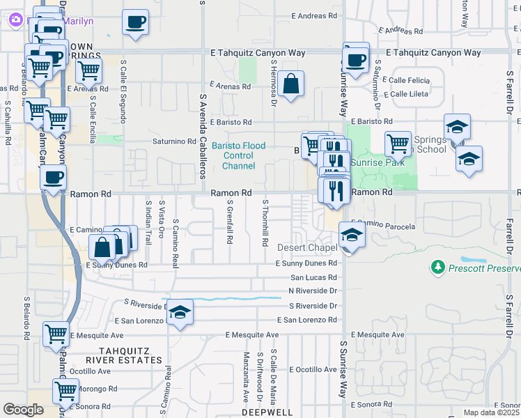 map of restaurants, bars, coffee shops, grocery stores, and more near 555 South Thornhill Road in Palm Springs
