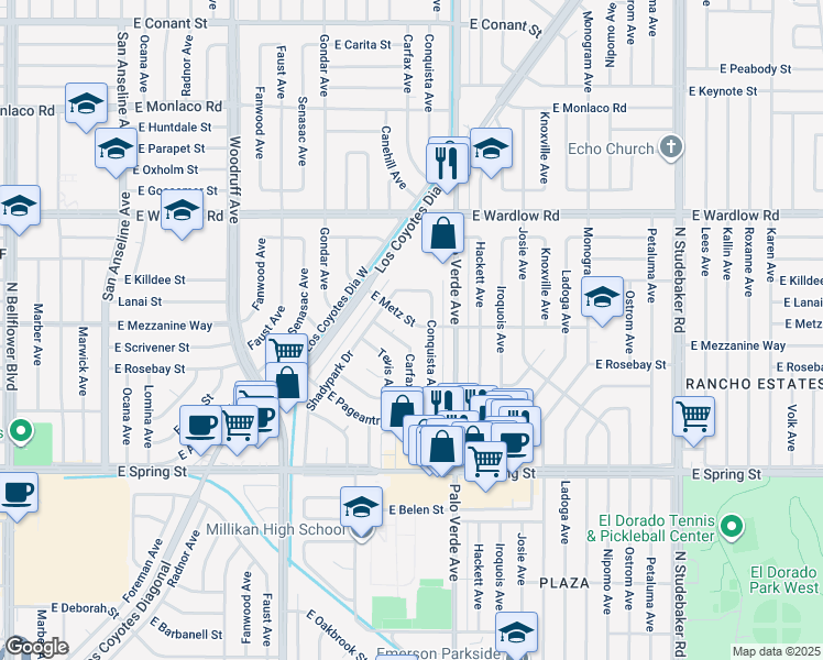 map of restaurants, bars, coffee shops, grocery stores, and more near 6266 East Metz Street in Long Beach