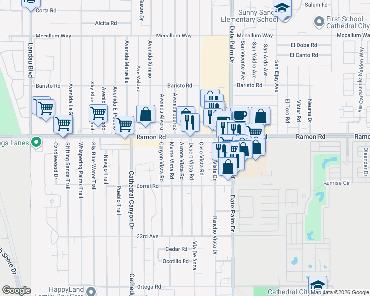map of restaurants, bars, coffee shops, grocery stores, and more near 32150 Aurora Vista Road in Cathedral City