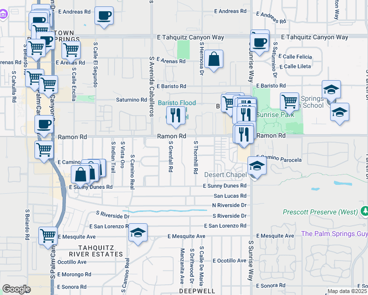 map of restaurants, bars, coffee shops, grocery stores, and more near 595 South Thornhill Road in Palm Springs
