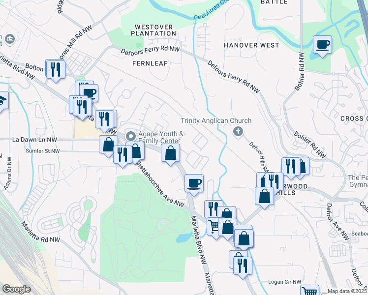 map of restaurants, bars, coffee shops, grocery stores, and more near 2099 Bolton Drive Northwest in Atlanta