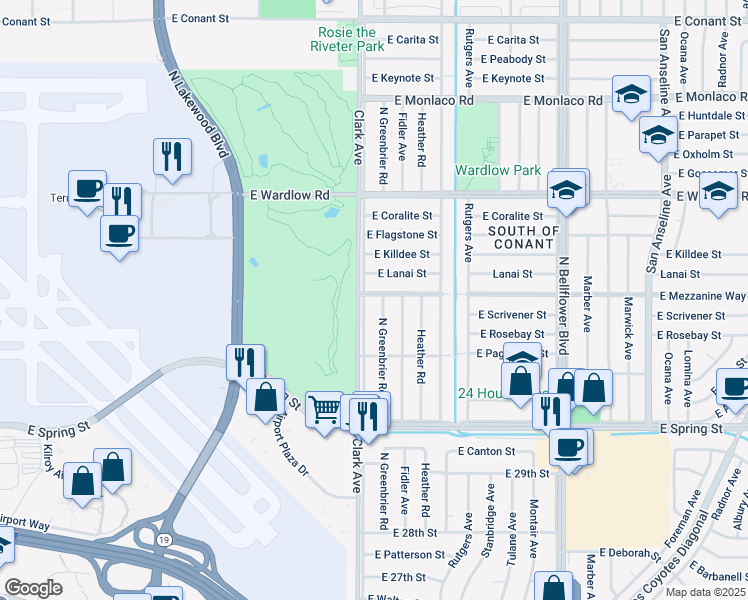 map of restaurants, bars, coffee shops, grocery stores, and more near 5110 East Mezzanine Way in Long Beach