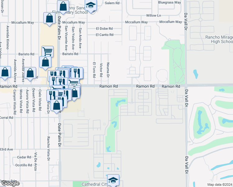 map of restaurants, bars, coffee shops, grocery stores, and more near 69411 Ramon Road in Cathedral City