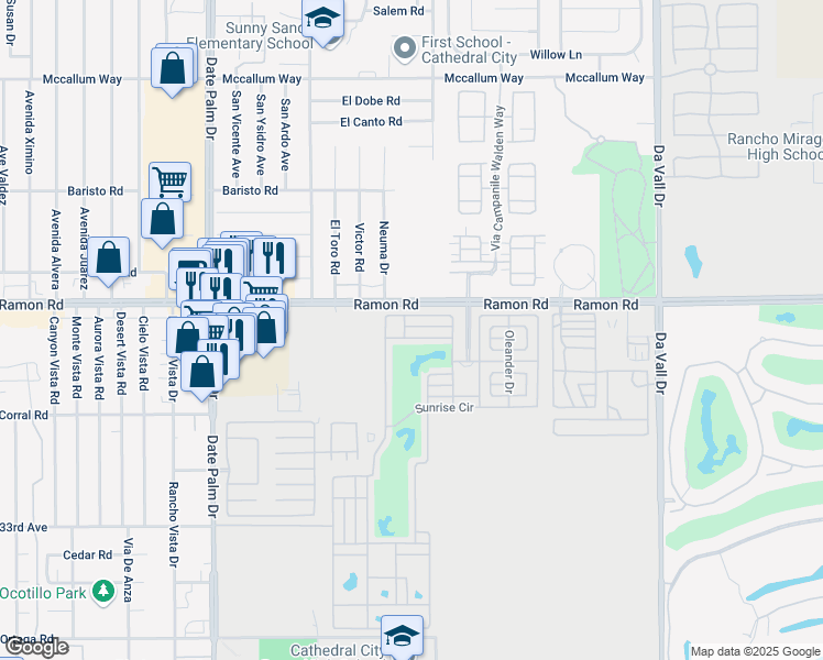 map of restaurants, bars, coffee shops, grocery stores, and more near 69411 Ramon Road in Cathedral City