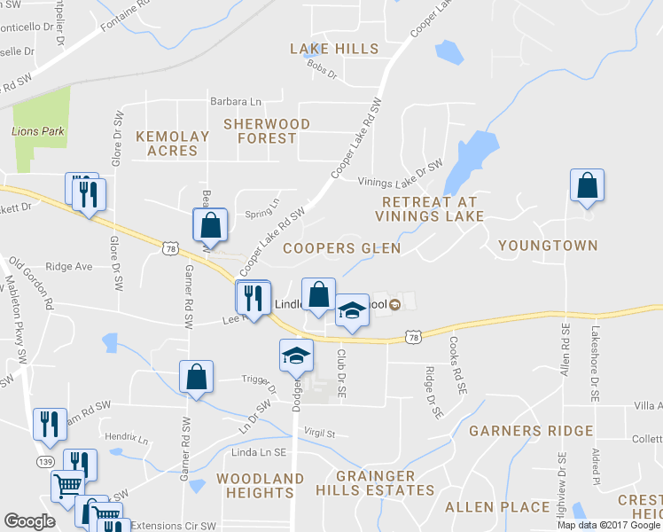map of restaurants, bars, coffee shops, grocery stores, and more near 5664 Coopers Glen Court Southwest in Mableton