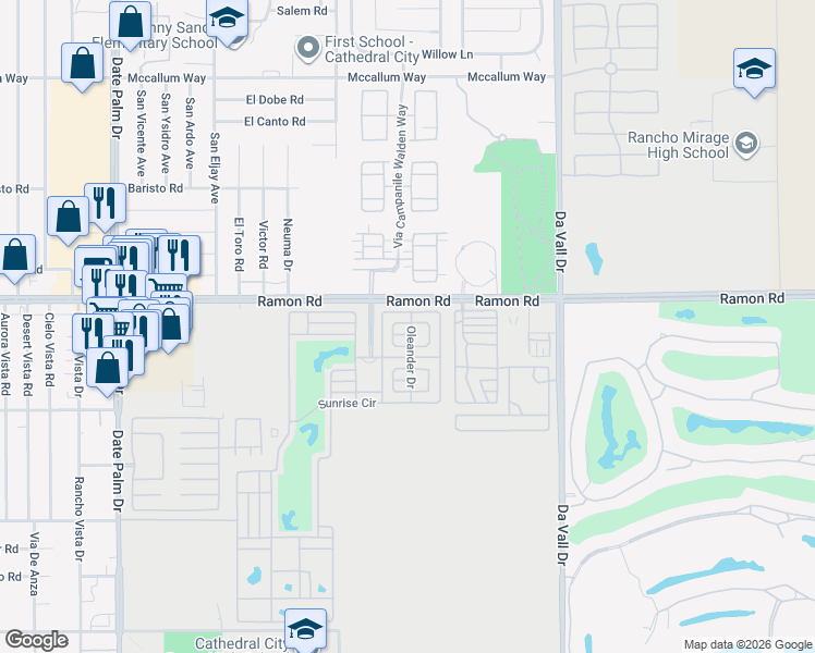 map of restaurants, bars, coffee shops, grocery stores, and more near Oleander Drive in Cathedral City