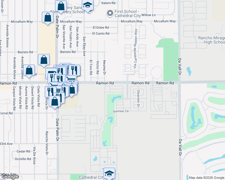 map of restaurants, bars, coffee shops, grocery stores, and more near 69411 Ramon Road in Cathedral City