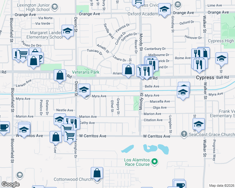 map of restaurants, bars, coffee shops, grocery stores, and more near 10162 Gregory Street in Cypress