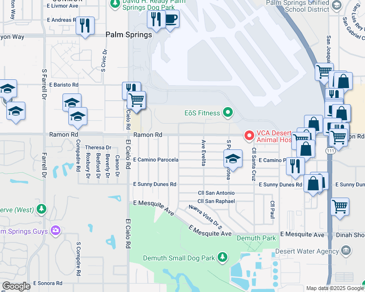 map of restaurants, bars, coffee shops, grocery stores, and more near 3715 East Calle De Ricardo in Palm Springs