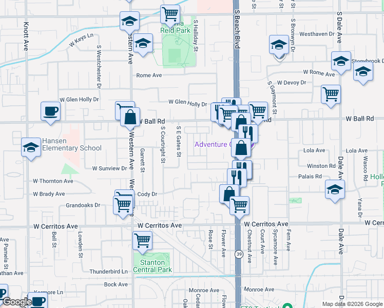 map of restaurants, bars, coffee shops, grocery stores, and more near 3050 West Ball Road in Anaheim