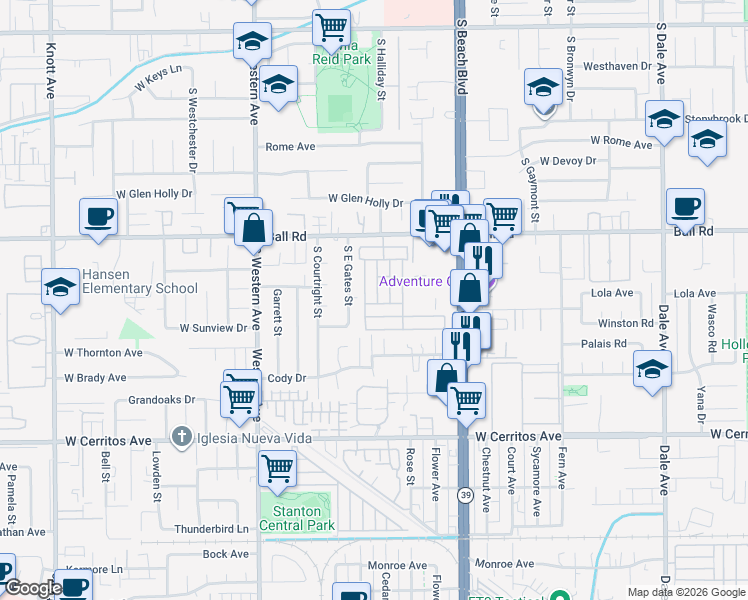 map of restaurants, bars, coffee shops, grocery stores, and more near 3050 West Ball Road in Anaheim