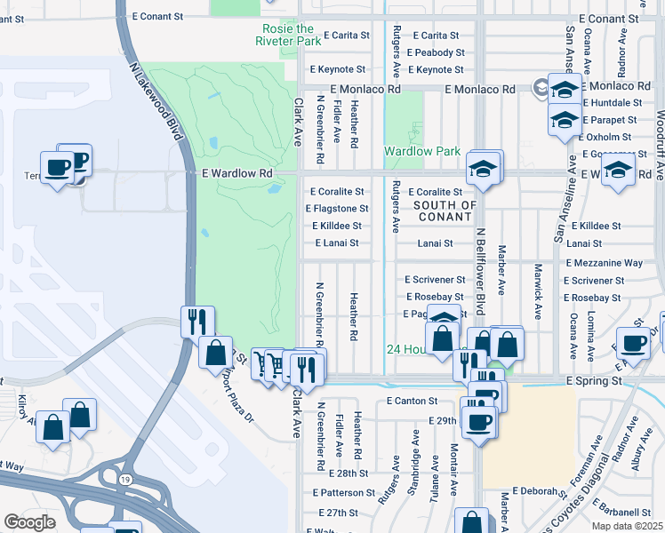 map of restaurants, bars, coffee shops, grocery stores, and more near 5142 East Mezzanine Way in Long Beach