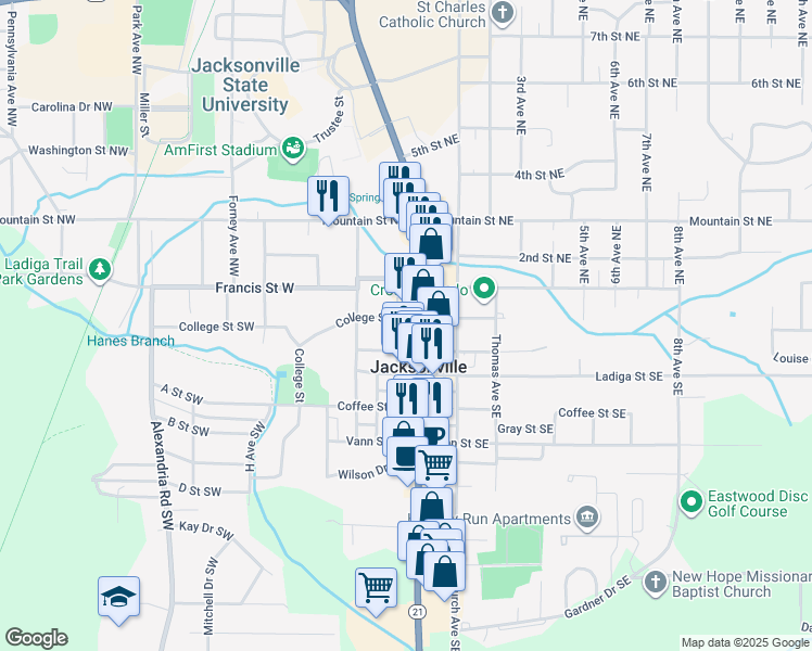 map of restaurants, bars, coffee shops, grocery stores, and more near 146 College Street Southwest in Jacksonville