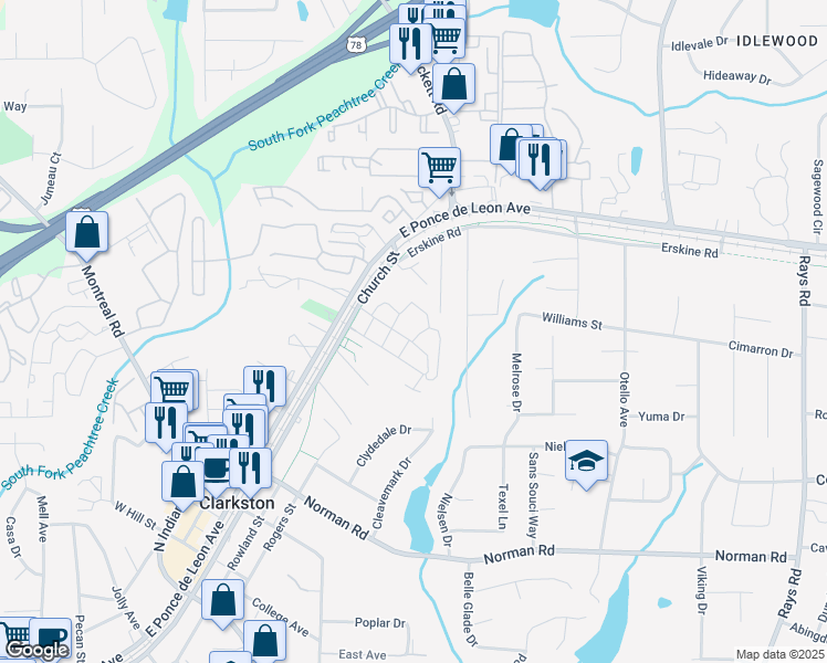 map of restaurants, bars, coffee shops, grocery stores, and more near 4133 Church Street in Clarkston