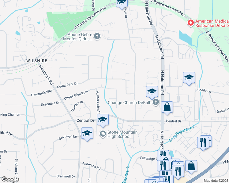 map of restaurants, bars, coffee shops, grocery stores, and more near 4780 Cherie Glen Court in Stone Mountain
